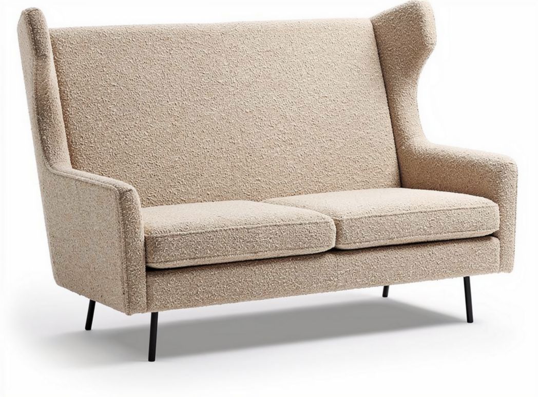 Two-seater upholstered sofa in beige fabric with wingback design 150 x 80 x 95cm