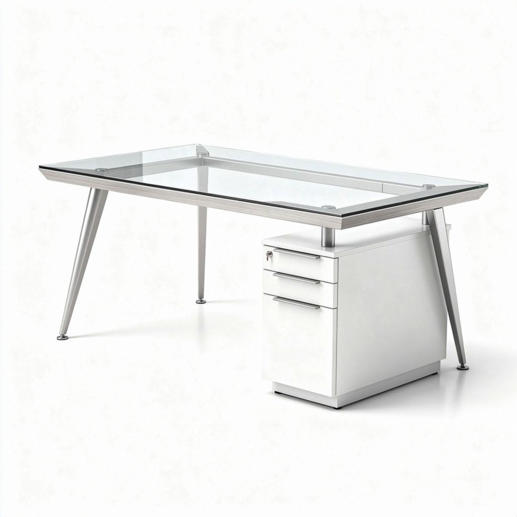 Glass desk with stainless steel frame and white storage cabinet 150 x 75 x 75cm
