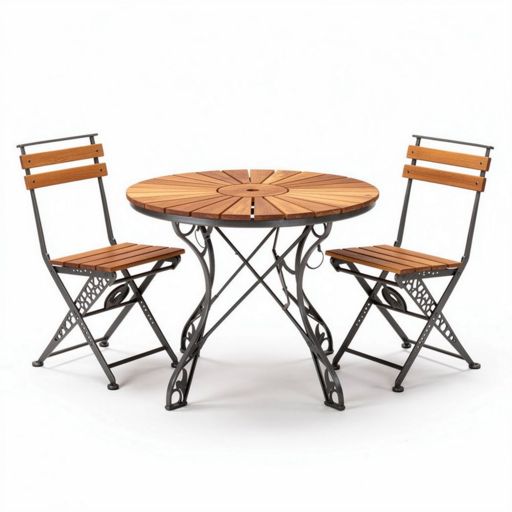 Wood and metal bistro table set with two folding chairs for outdoor use