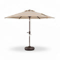 Outdoor cantilever patio umbrella with beige striped canopy and metal frame