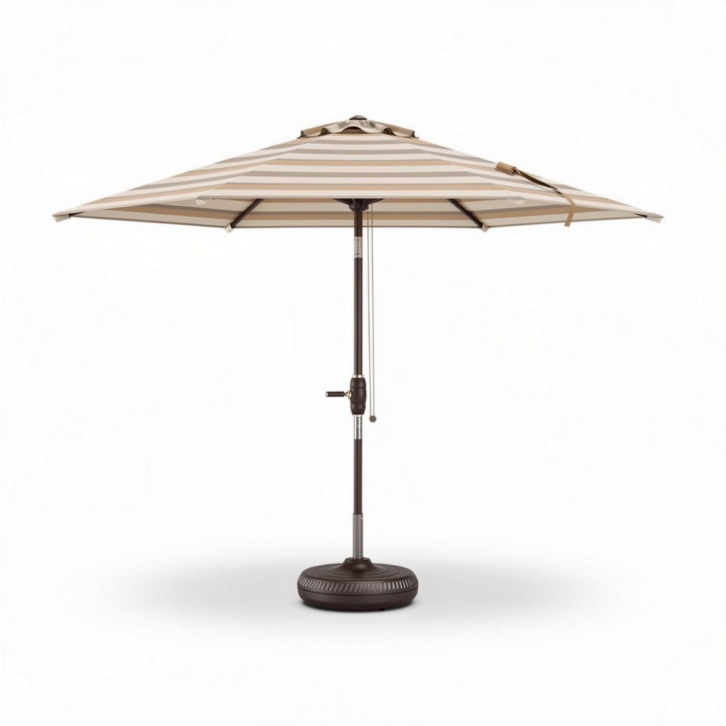 Outdoor cantilever patio umbrella with beige striped canopy and metal frame