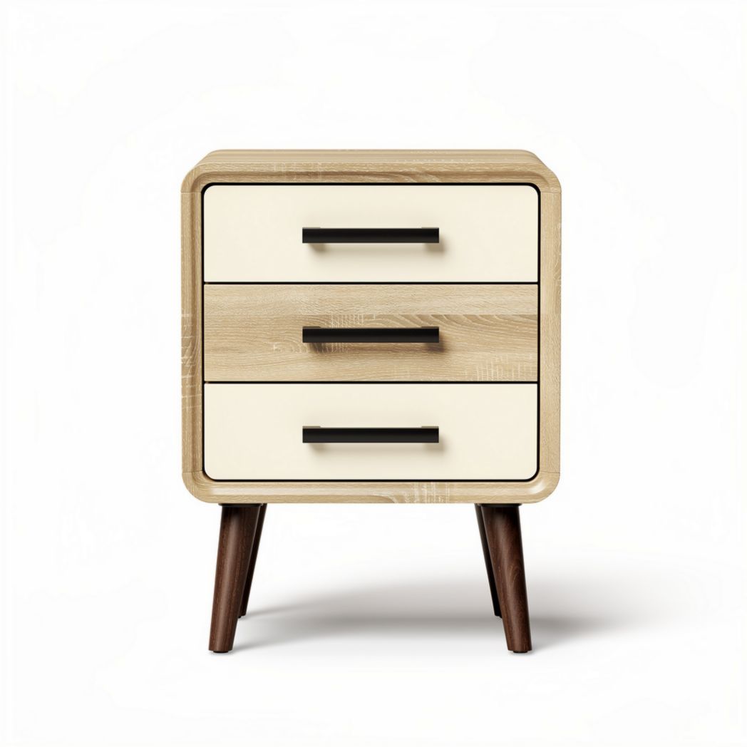 Wooden nightstand with three drawers and black handles in natural finish