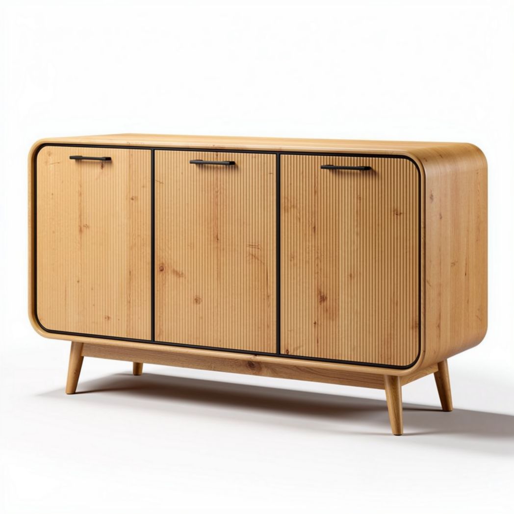 Wooden sideboard with three doors and a ribbed design 150 x 45 x 80cm