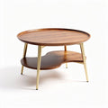 Round wooden coffee table with gold metal legs and lower shelf 70 x 70 x 40cm