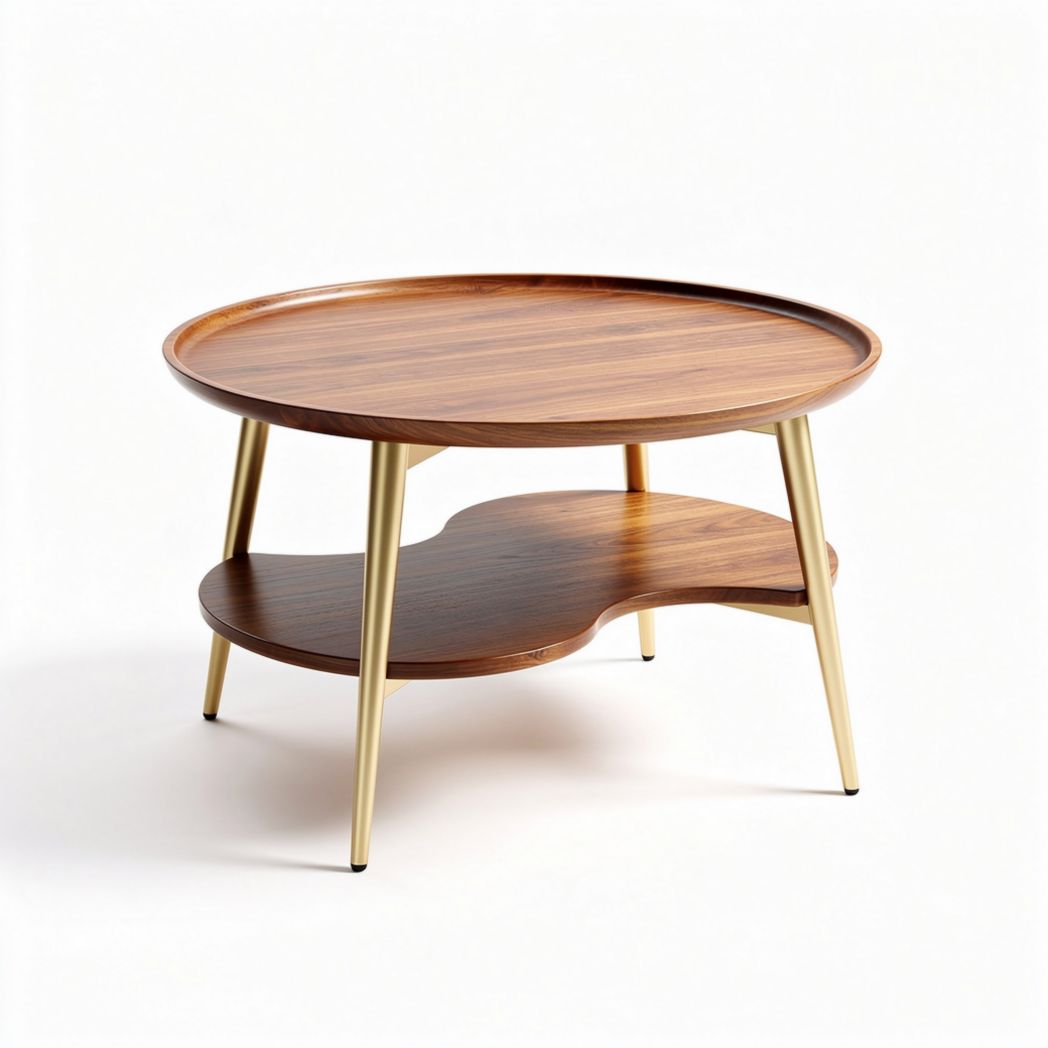 Round wooden coffee table with gold metal legs and lower shelf 70 x 70 x 40cm