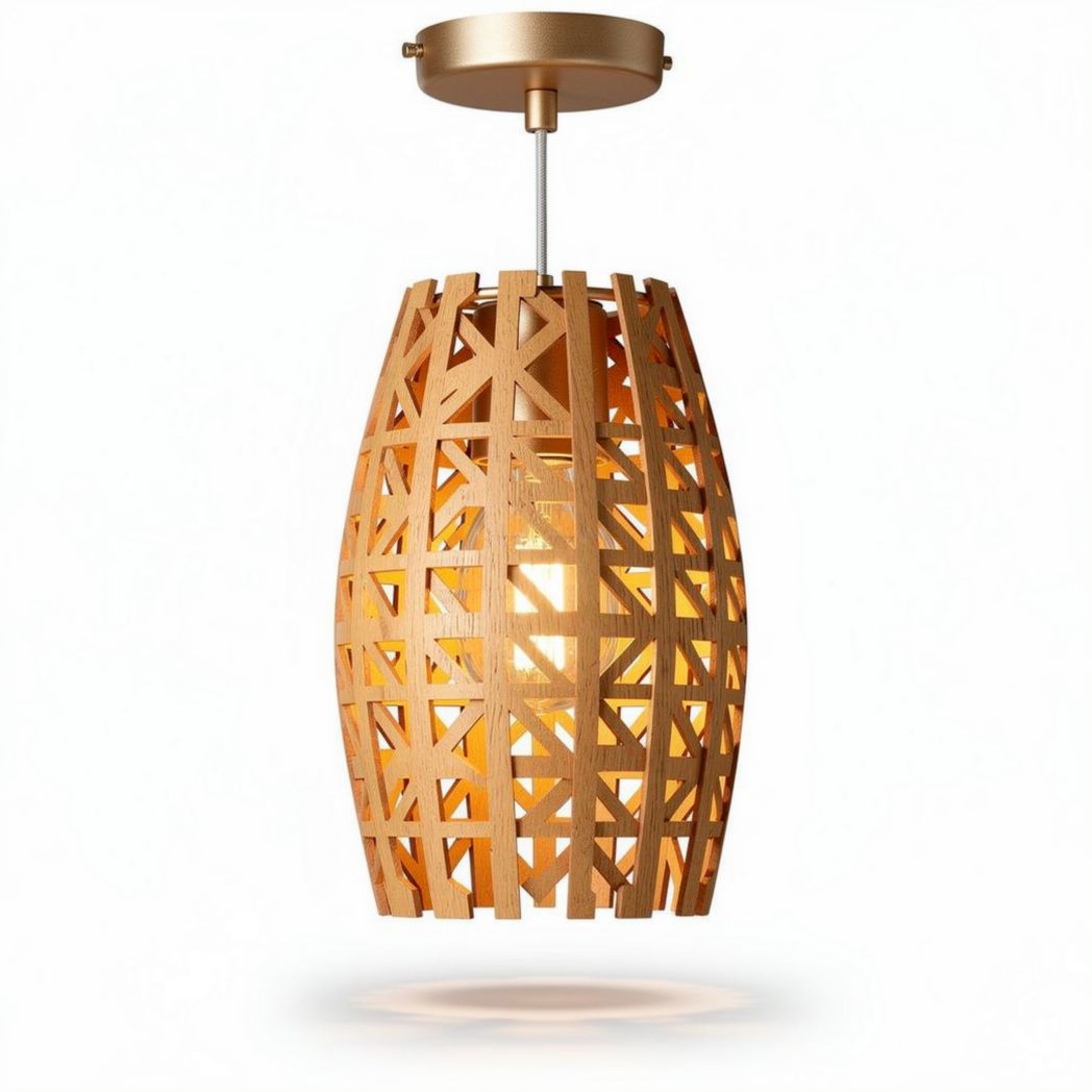 Wooden pendant light fixture with geometric design and warm glow 18 x 18 x 30cm